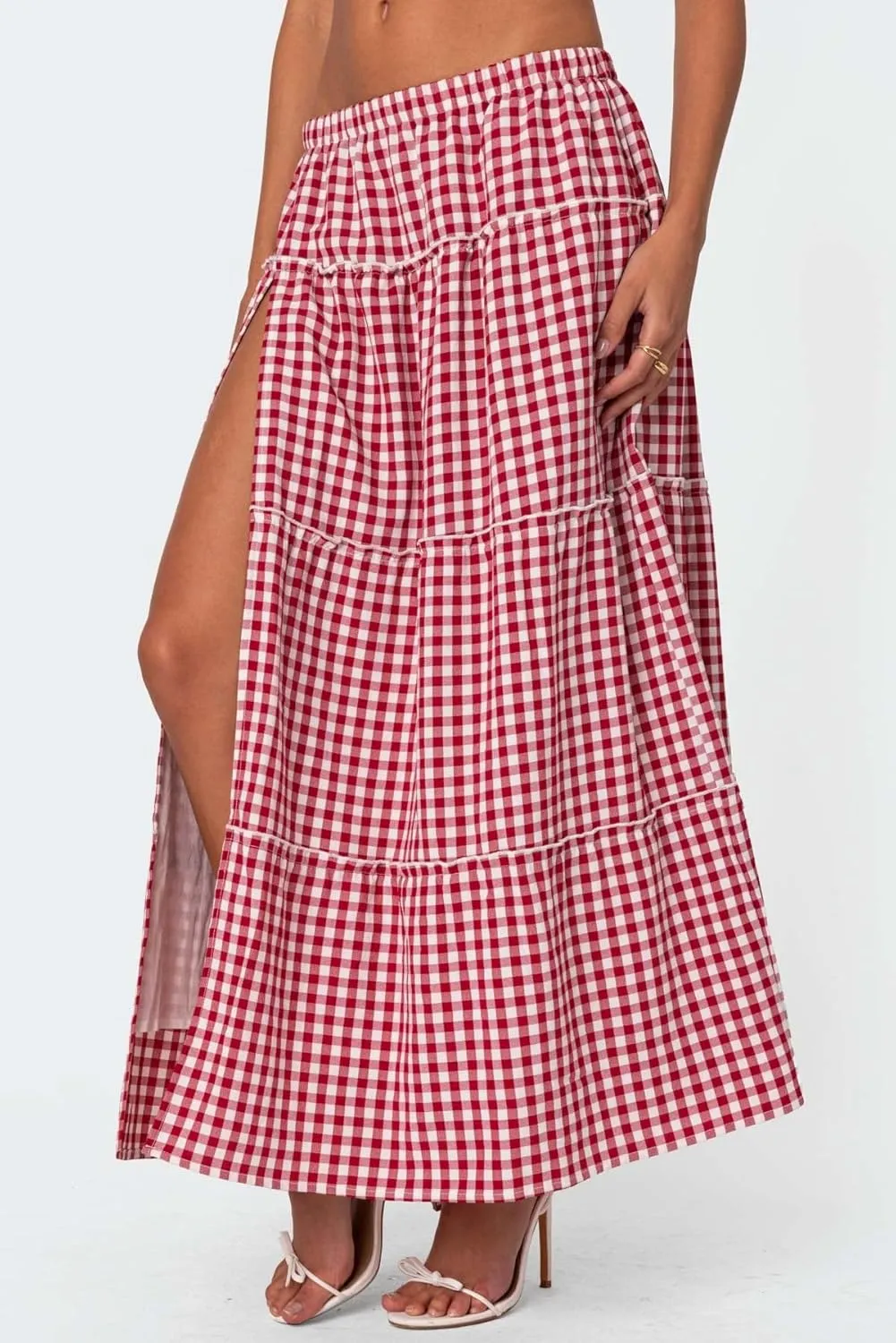 Vintage Plaid Maxi Skirts for Women Y2K Elastic Waist Side Slit Tiered Skirt Summer Flowy Gingham A Line Long Skirt