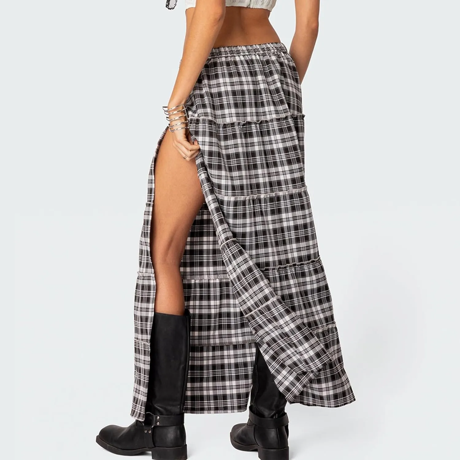 Vintage Plaid Maxi Skirts for Women Y2K Elastic Waist Side Slit Tiered Skirt Summer Flowy Gingham A Line Long Skirt