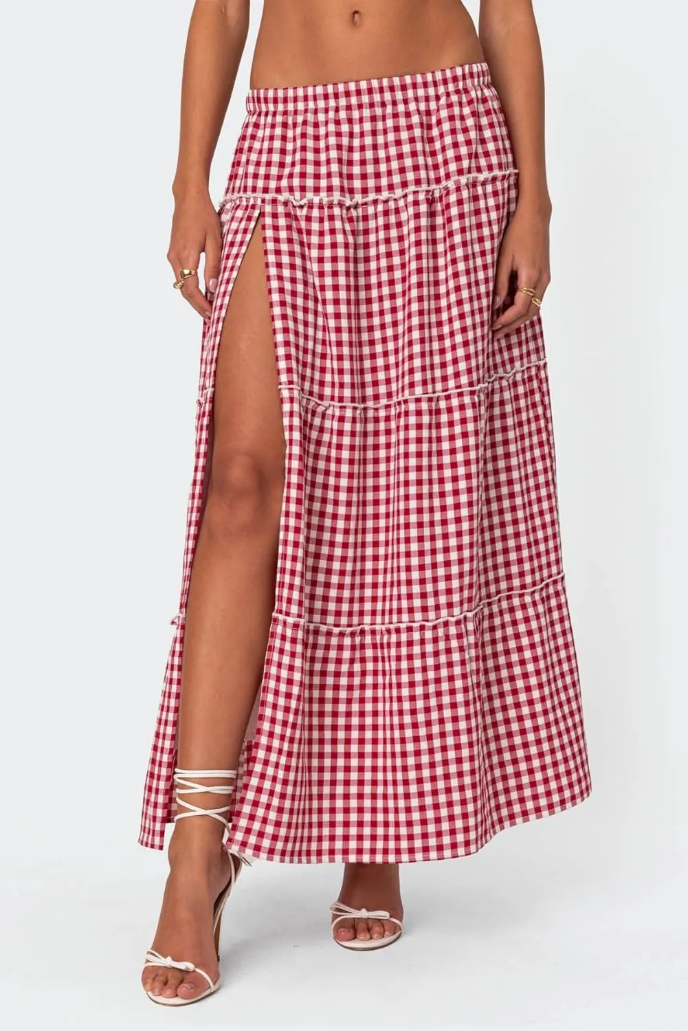 Vintage Plaid Maxi Skirts for Women Y2K Elastic Waist Side Slit Tiered Skirt Summer Flowy Gingham A Line Long Skirt