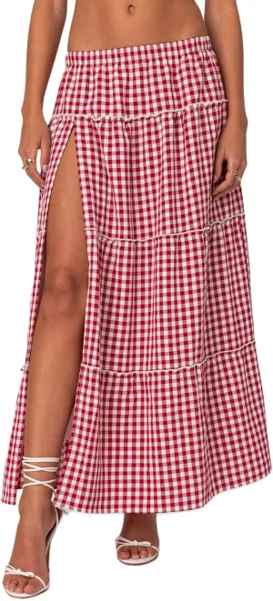 Vintage Plaid Maxi Skirts for Women Y2K Elastic Waist Side Slit Tiered Skirt Summer Flowy Gingham A Line Long Skirt