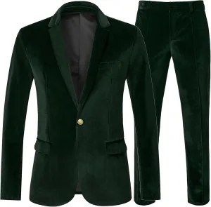 Wemaliyzd Mens 2 Piece Suit Notch Lapel 1 Button Velvet Blazer Jacket & Pants
