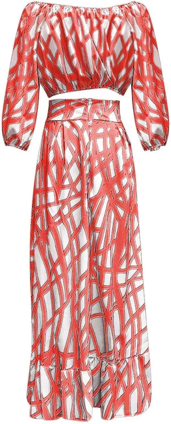 Women 2 Piece Skirt Set Sexy Off The Shoulder Puff Sleeve Crop Tops Flowy Floral A Line Maxi Skirt Sets