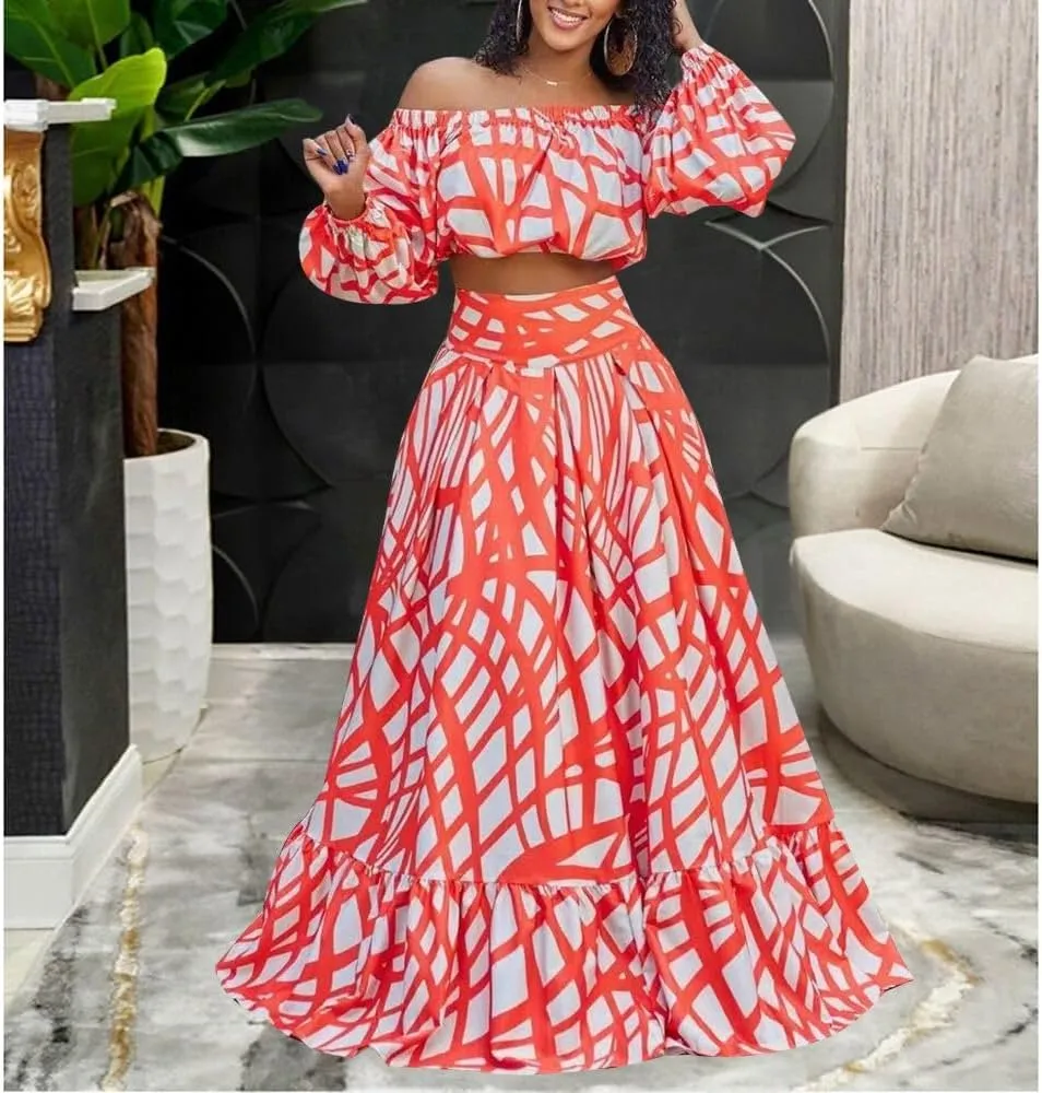 Women 2 Piece Skirt Set Sexy Off The Shoulder Puff Sleeve Crop Tops Flowy Floral A Line Maxi Skirt Sets