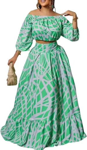 Women 2 Piece Skirt Set Sexy Off The Shoulder Puff Sleeve Crop Tops Flowy Floral A Line Maxi Skirt Sets