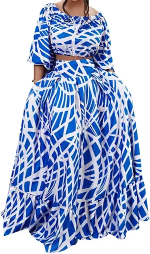 Women 2 Piece Skirt Set Sexy Off The Shoulder Puff Sleeve Crop Tops Flowy Floral A Line Maxi Skirt Sets