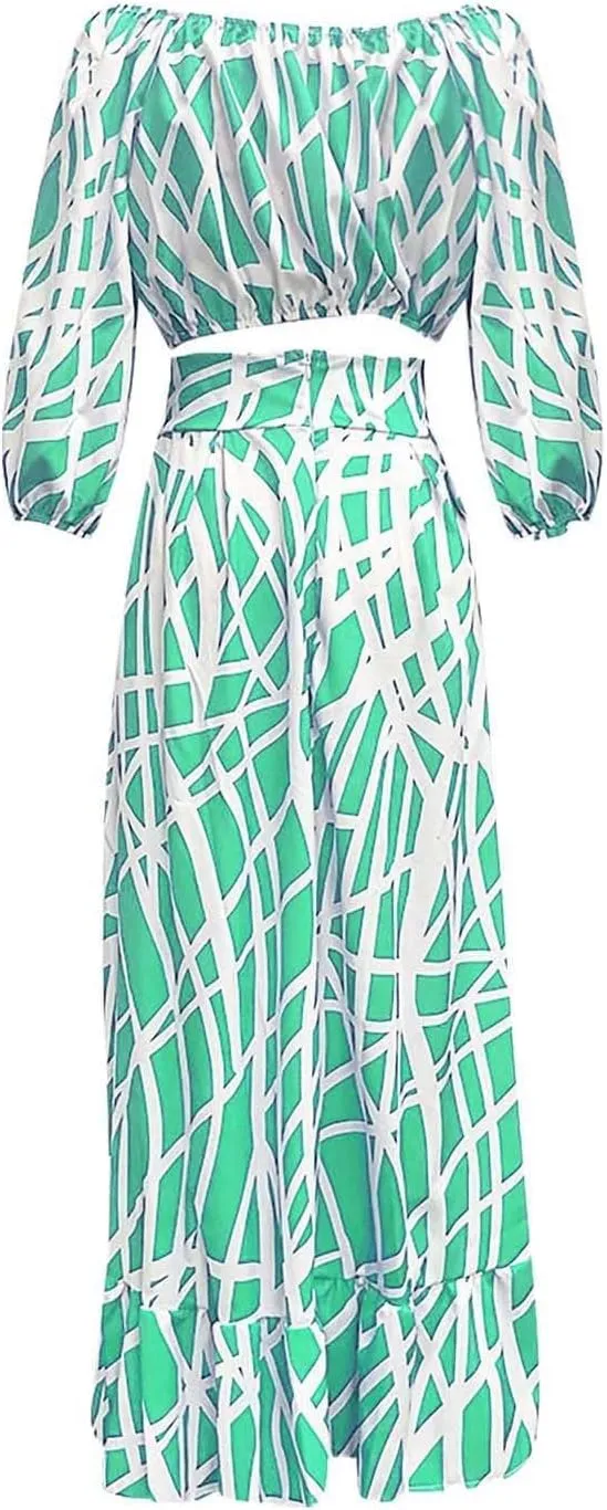 Women 2 Piece Skirt Set Sexy Off The Shoulder Puff Sleeve Crop Tops Flowy Floral A Line Maxi Skirt Sets