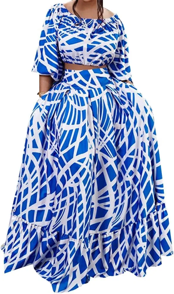 Women 2 Piece Skirt Set Sexy Off The Shoulder Puff Sleeve Crop Tops Flowy Floral A Line Maxi Skirt Sets