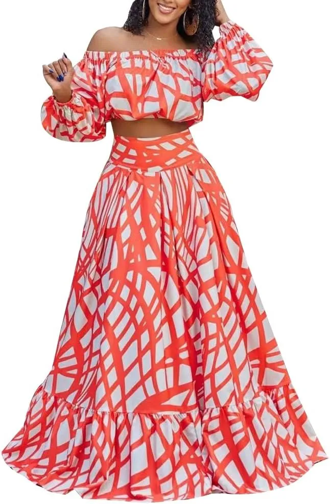 Women 2 Piece Skirt Set Sexy Off The Shoulder Puff Sleeve Crop Tops Flowy Floral A Line Maxi Skirt Sets