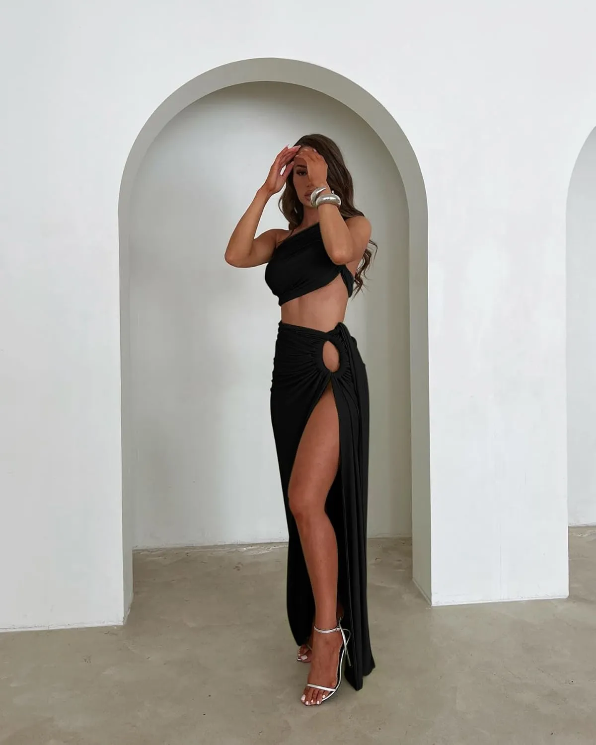 Women Sexy Maxi Skirt Set Y2k Strapless One Shoulder Hollow Out Tops High Split Skirt 2 Piece Party Club Dress