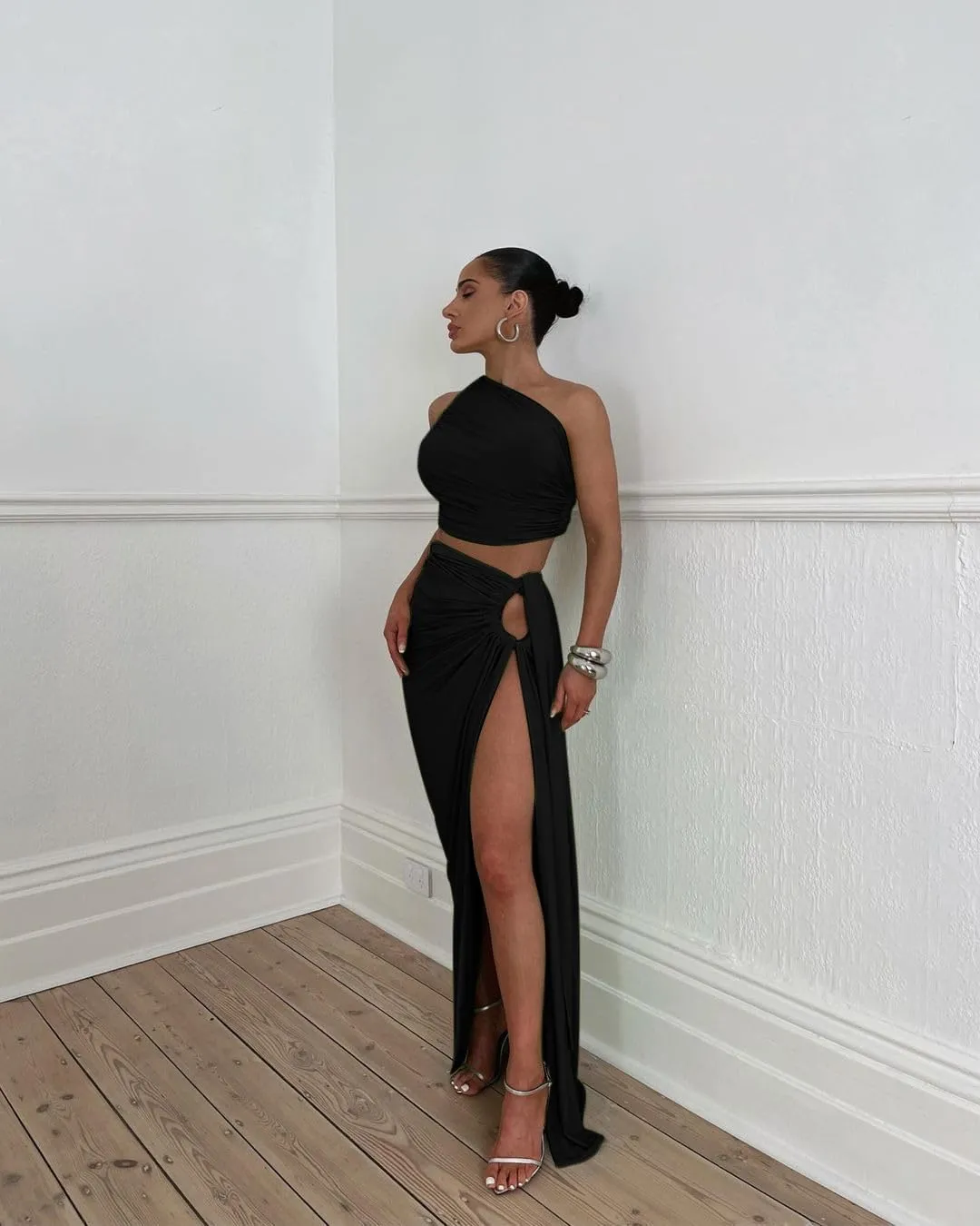 Women Sexy Maxi Skirt Set Y2k Strapless One Shoulder Hollow Out Tops High Split Skirt 2 Piece Party Club Dress