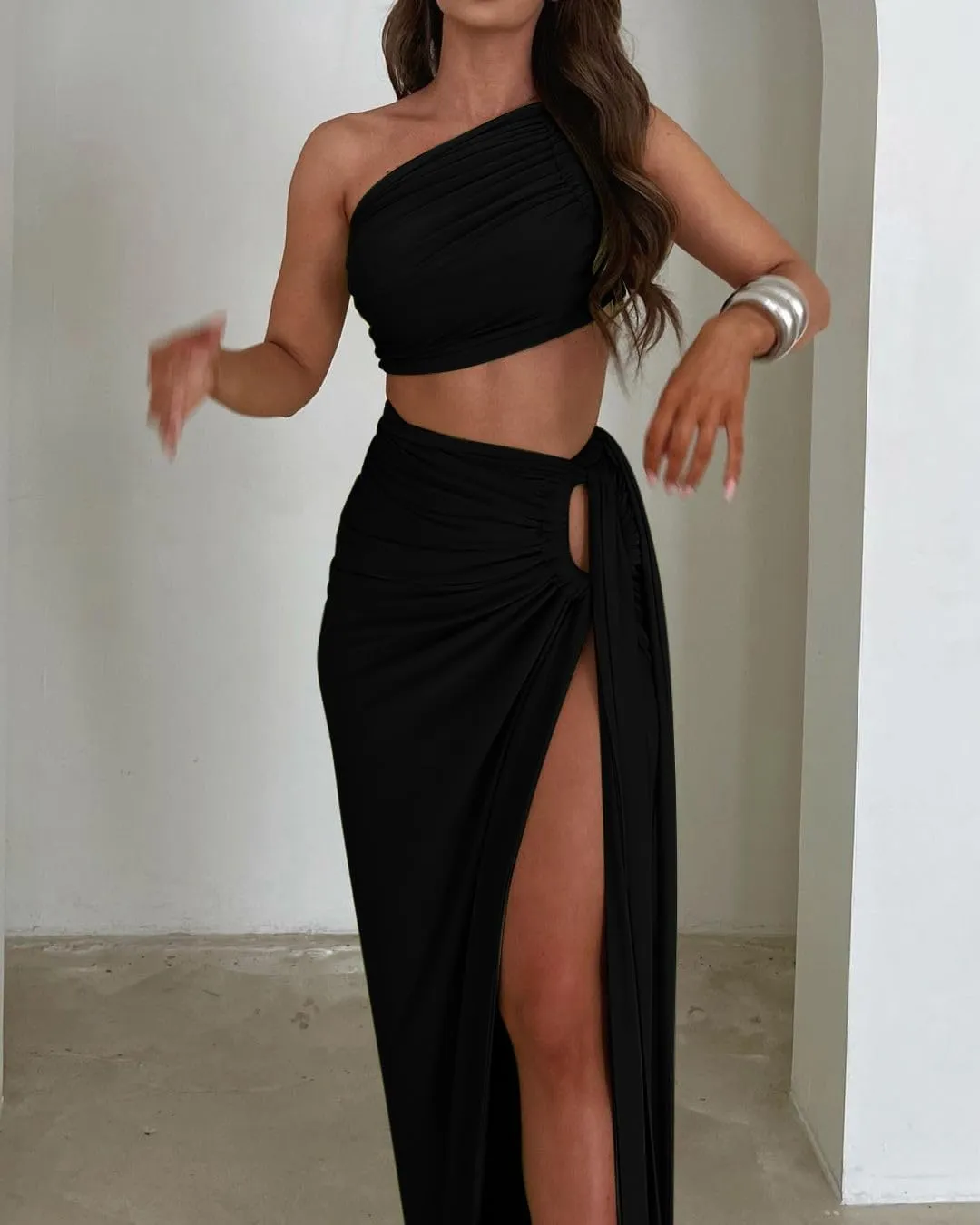 Women Sexy Maxi Skirt Set Y2k Strapless One Shoulder Hollow Out Tops High Split Skirt 2 Piece Party Club Dress