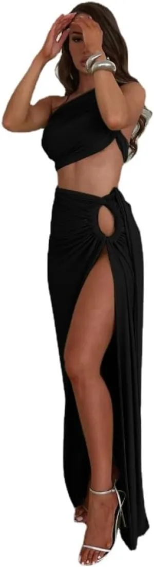 Women Sexy Maxi Skirt Set Y2k Strapless One Shoulder Hollow Out Tops High Split Skirt 2 Piece Party Club Dress