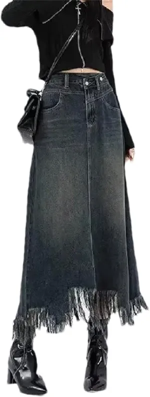 Women Vintage High-Waisted Denim Skirt Fashion Slimming Side Slit Fringe A- Line Skirt