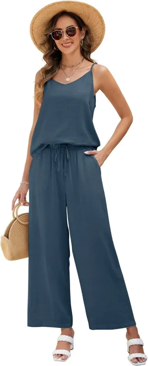 Womens 2 Piece Linen Lounge Set Summer Casual V Neck Tank Top Matching Wide Leg Pants Set Beach Travel Vacation Outfit