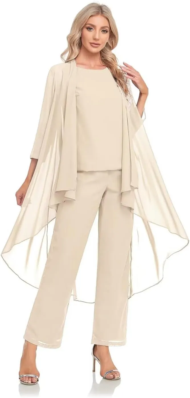 Women's 3 Pieces Chiffon Mother of The Bride Dress with Jacket Chiffon Formal Evening Dresses
