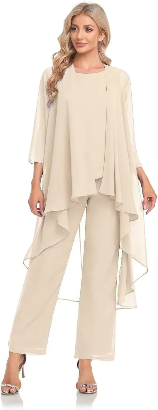 Women's 3 Pieces Chiffon Mother of The Bride Dress with Jacket Chiffon Formal Evening Dresses