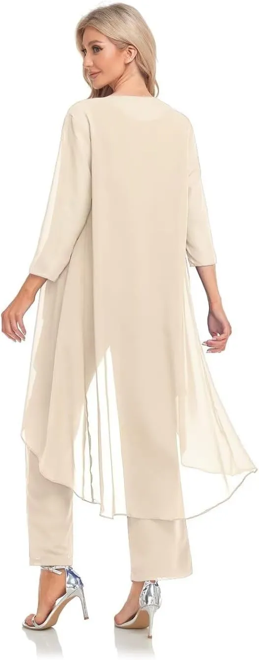 Women's 3 Pieces Chiffon Mother of The Bride Dress with Jacket Chiffon Formal Evening Dresses
