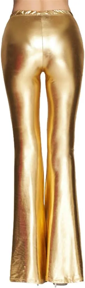 Women's 70s Disco Dance Party Shiny Metallic Flare Leggings High Waist Wide Leg Bootcut Palazzo Glam Yoga Trousers