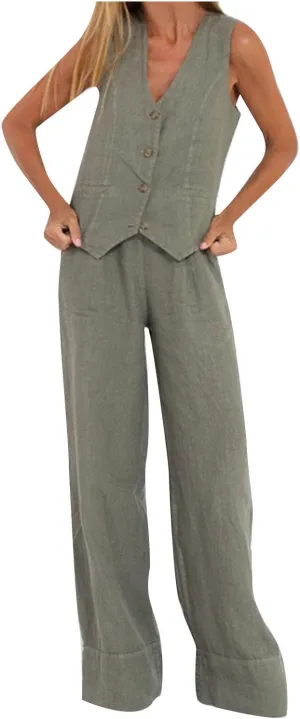 Womens Blazer Set Sleeveless V Neck Vest Tops Waistcoat and Cotton Linen Pants 2 Piece Vest Suit Casual Matching Set