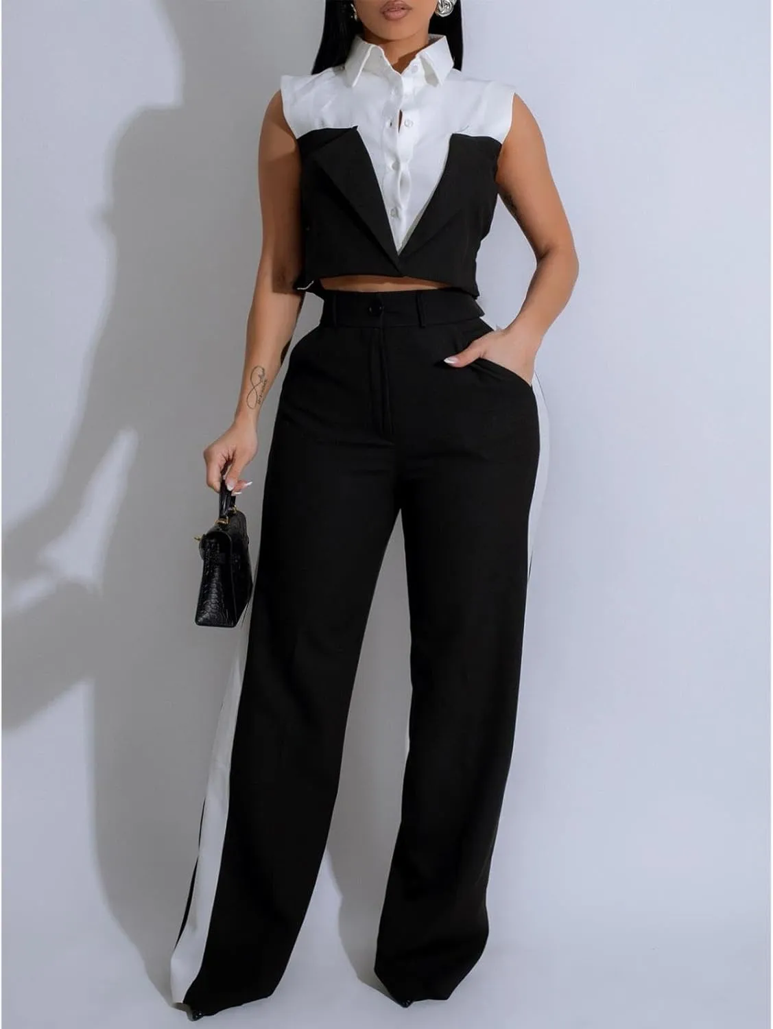 Womens Blazer Sets 2 Piece Outfits Linen Set V Neck Button Suit Vest Tops Wide Leg Pants with Pockets