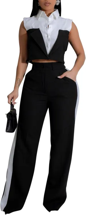 Womens Blazer Sets 2 Piece Outfits Linen Set V Neck Button Suit Vest Tops Wide Leg Pants with Pockets