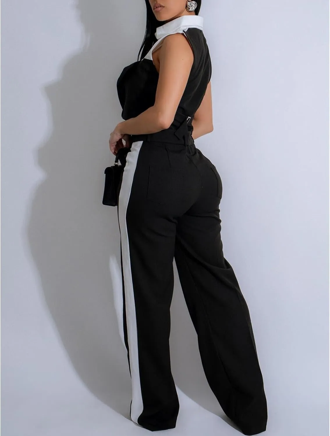 Womens Blazer Sets 2 Piece Outfits Linen Set V Neck Button Suit Vest Tops Wide Leg Pants with Pockets