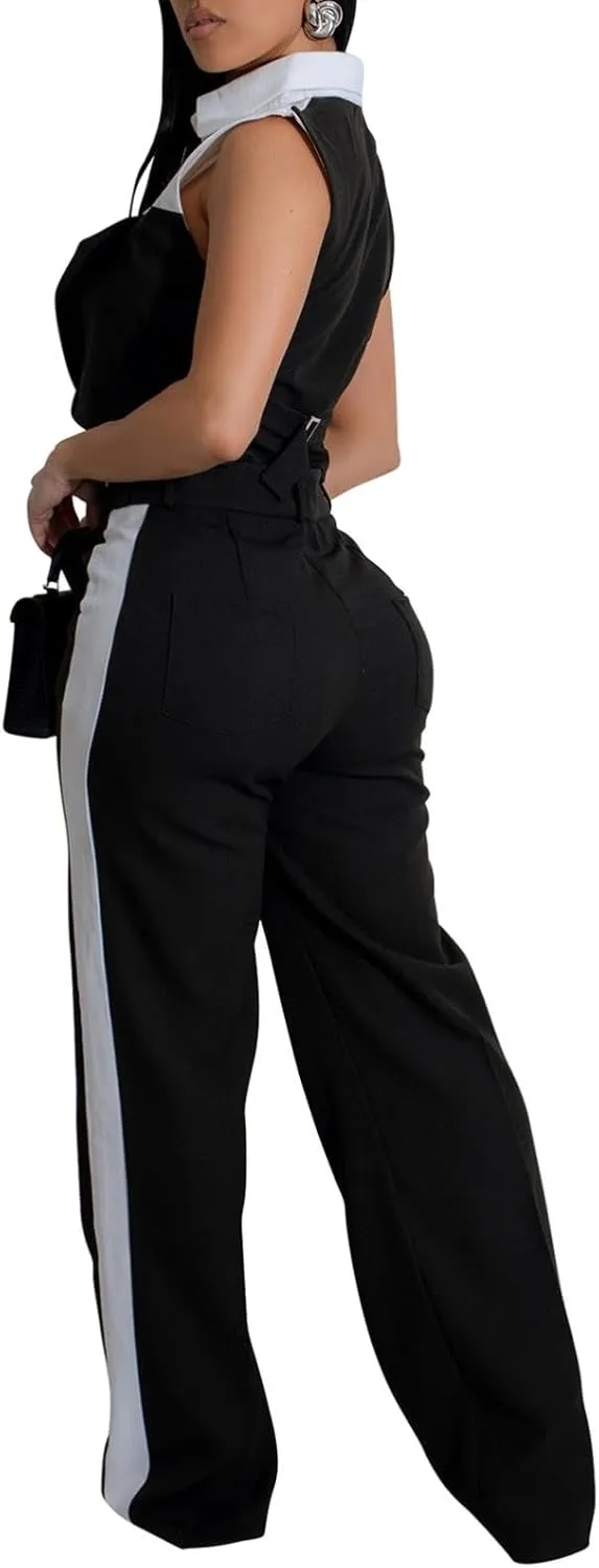 Womens Blazer Sets 2 Piece Outfits Linen Set V Neck Button Suit Vest Tops Wide Leg Pants with Pockets