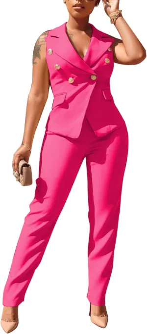 Women's Business Blazer Suit Ruffles Sleeveless Two Piece Solid Work Pant Suit Business Office Lady Suits Sets