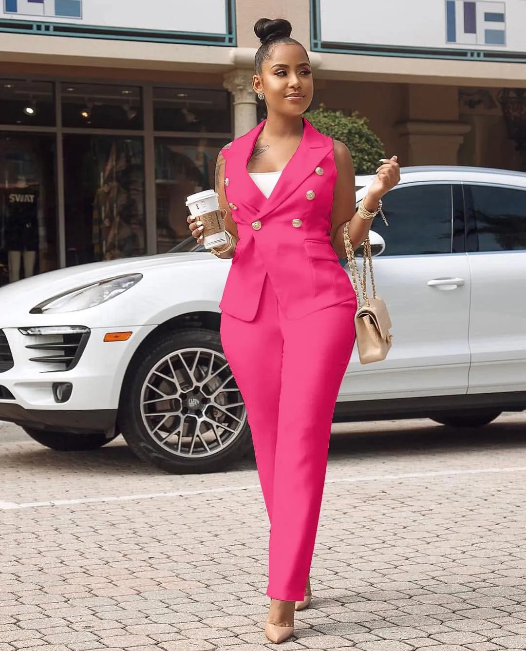 Women's Business Blazer Suit Ruffles Sleeveless Two Piece Solid Work Pant Suit Business Office Lady Suits Sets