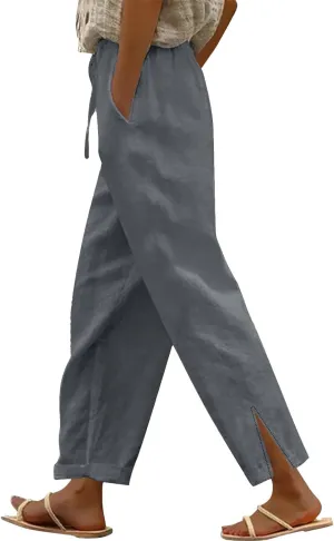 Womens Capris Linen Pants High Waist Drawstring Comfy Casual Pants Lounge Lightweight Loose Trousers with Pockets