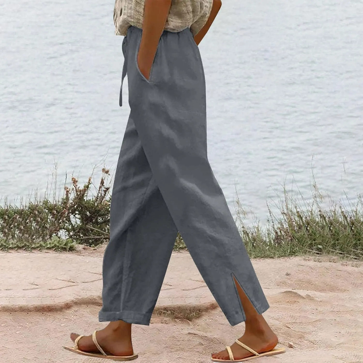 Womens Capris Linen Pants High Waist Drawstring Comfy Casual Pants Lounge Lightweight Loose Trousers with Pockets