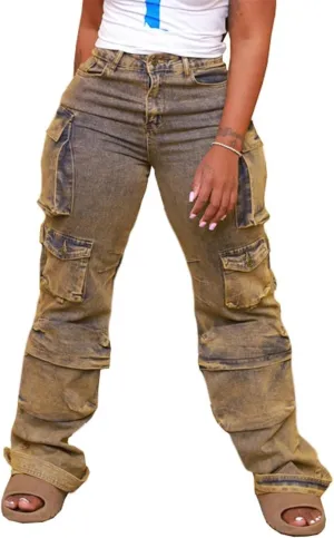 Women's Cargo Pants Y2K High Waisted Baggy Jeans Flap Pocket Wide Leg Denim Pants Streetwear