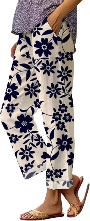 Women's Casual Boho Floral Design Cotton Linen Pant Elastic Waisted Drawstring Summer Beach Baggy Capri with Pockets