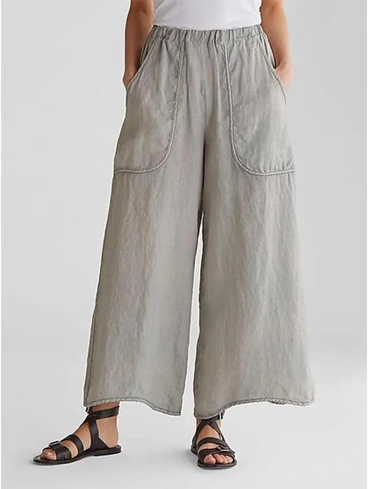 Womens Casual Middle Elastic Waisted Cotton Linen Wide Leg Pants with Pockets Cropped Trousers for Women