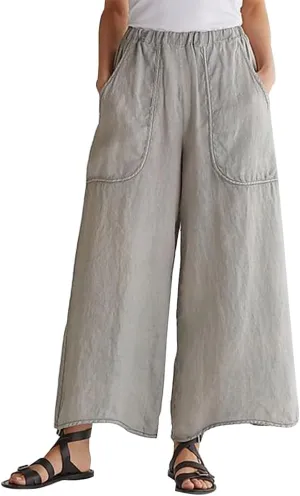 Womens Casual Middle Elastic Waisted Cotton Linen Wide Leg Pants with Pockets Cropped Trousers for Women
