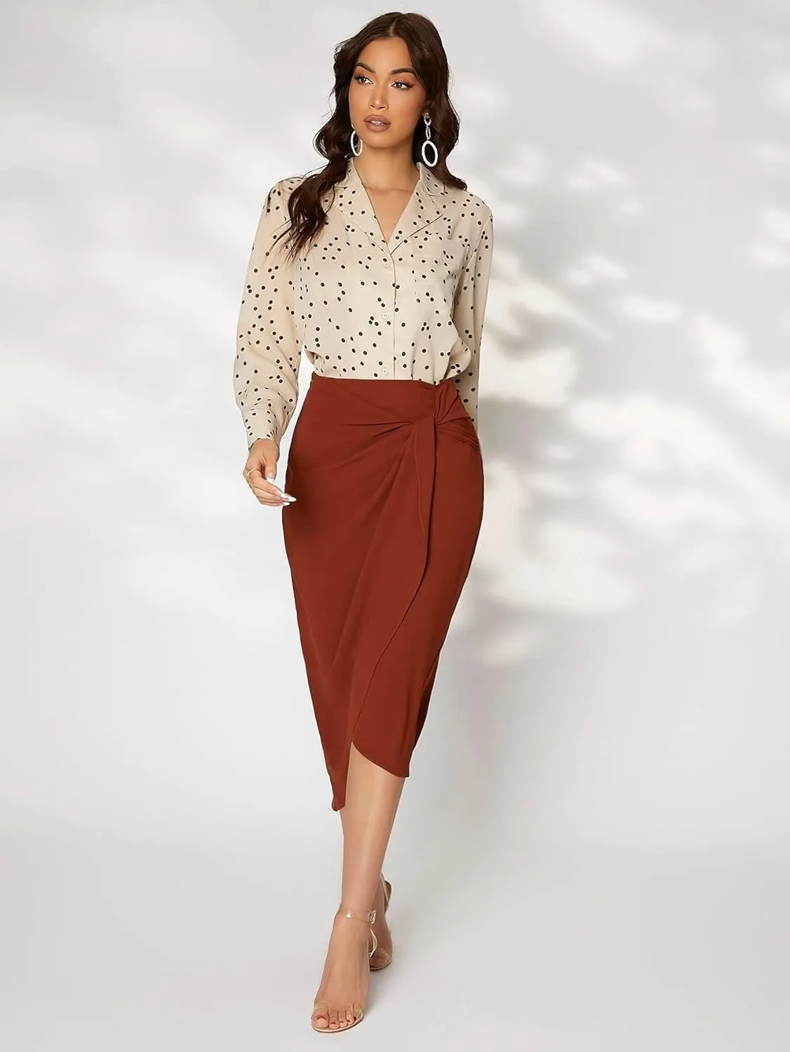 Women's Casual Midi Skirt Long Skirt Front Wrap Hem Skirt for Home Prty Office