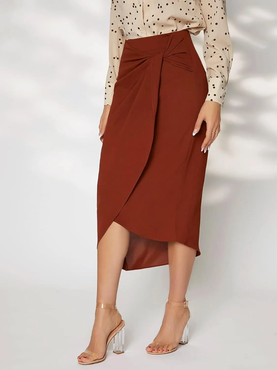 Women's Casual Midi Skirt Long Skirt Front Wrap Hem Skirt for Home Prty Office