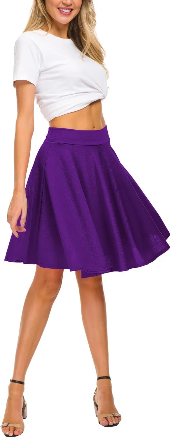Women's Casual Stretchy Flared Mini Skater Skirt Basic A-Line Pleated Midi Skirt