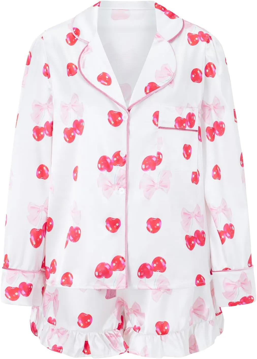 Womens Cherry Pajama Set Long Sleeve Button Down Lapel Bow Cherries Print Tops Ruffle Shorts 2 Piece Loungewear Sets