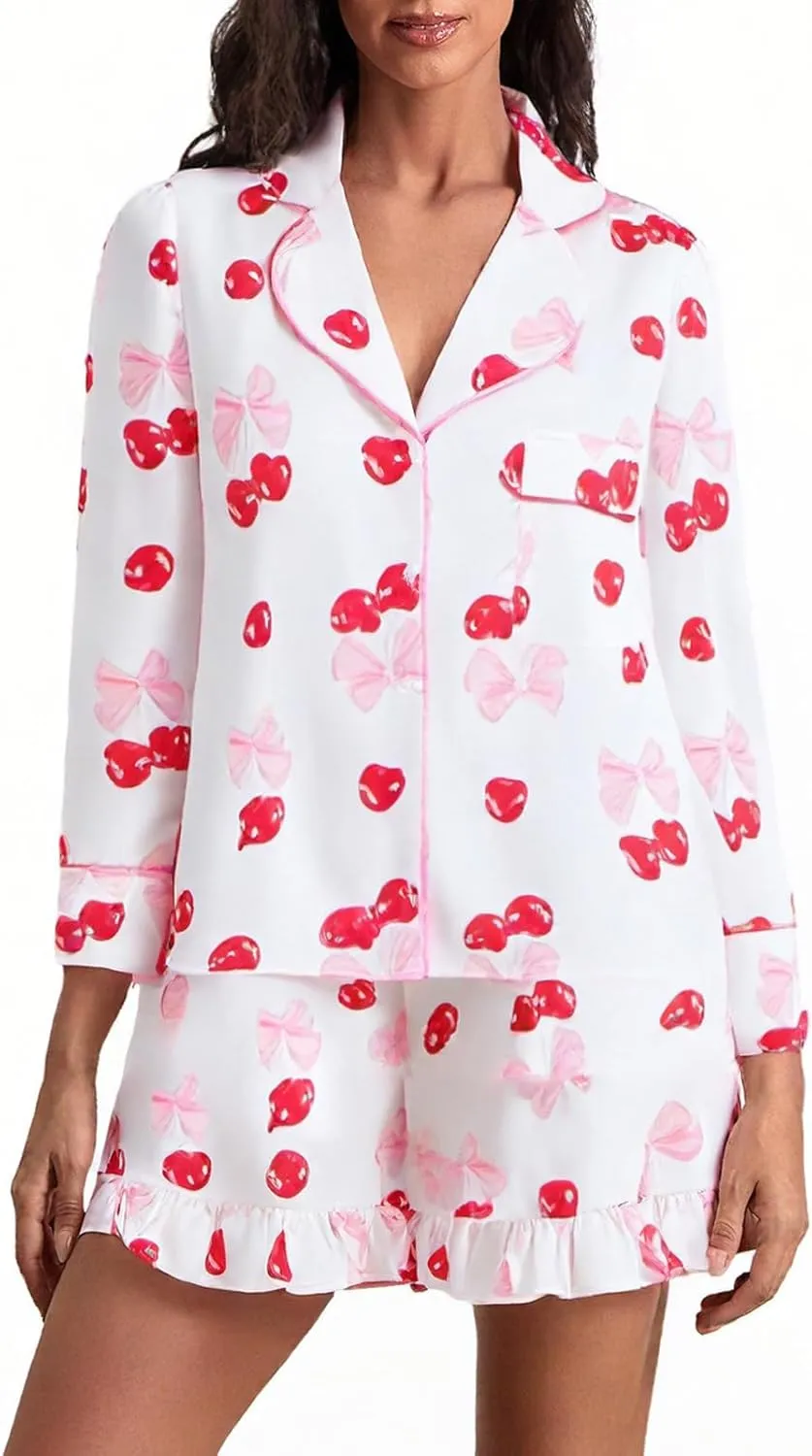 Womens Cherry Pajama Set Long Sleeve Button Down Lapel Bow Cherries Print Tops Ruffle Shorts 2 Piece Loungewear Sets