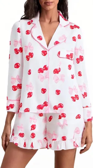 Womens Cherry Pajama Set Long Sleeve Button Down Lapel Bow Cherries Print Tops Ruffle Shorts 2 Piece Loungewear Sets