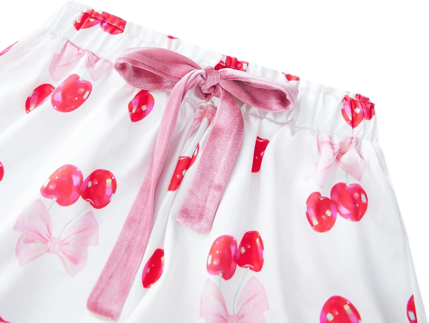 Womens Cherry Pajama Set Long Sleeve Button Down Lapel Bow Cherries Print Tops Ruffle Shorts 2 Piece Loungewear Sets