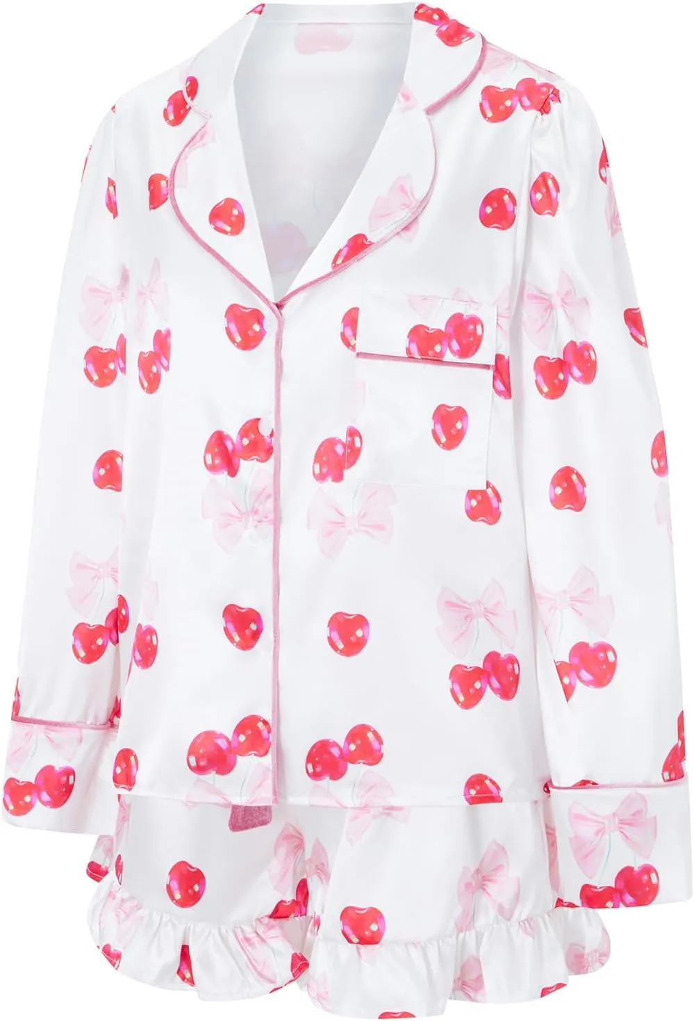Womens Cherry Pajama Set Long Sleeve Button Down Lapel Bow Cherries Print Tops Ruffle Shorts 2 Piece Loungewear Sets