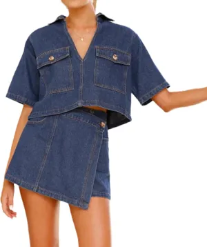 Womens Denim Sets 2 Piece Outfits Short Sleeve Cropped Denim Shirt Tops and High Waisted Jean Skorts Skirt Set