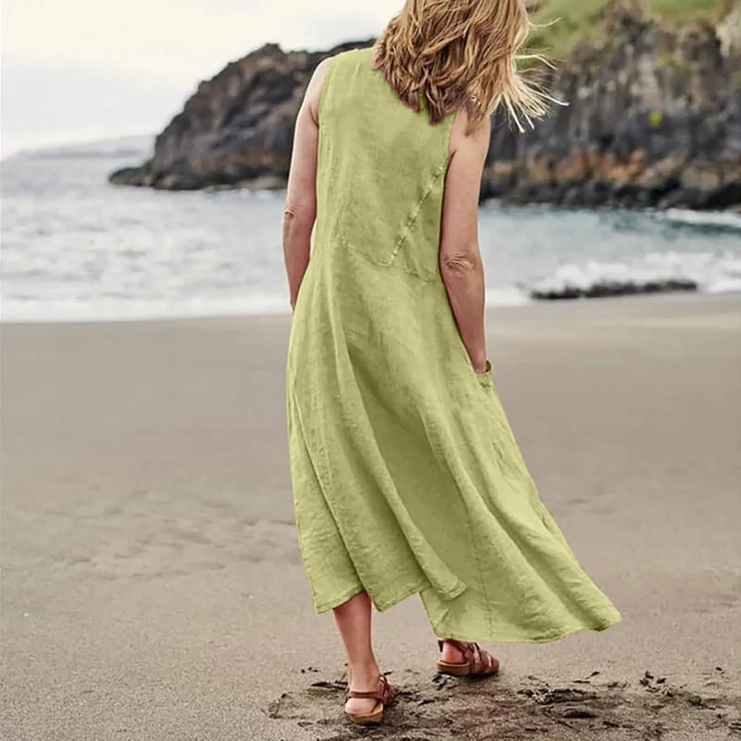 Womens Maxi Dresses Summer Casual Print Boho Cotton Linen Sundress with Pockets Loose Flowy Swing Vacation Long Dress