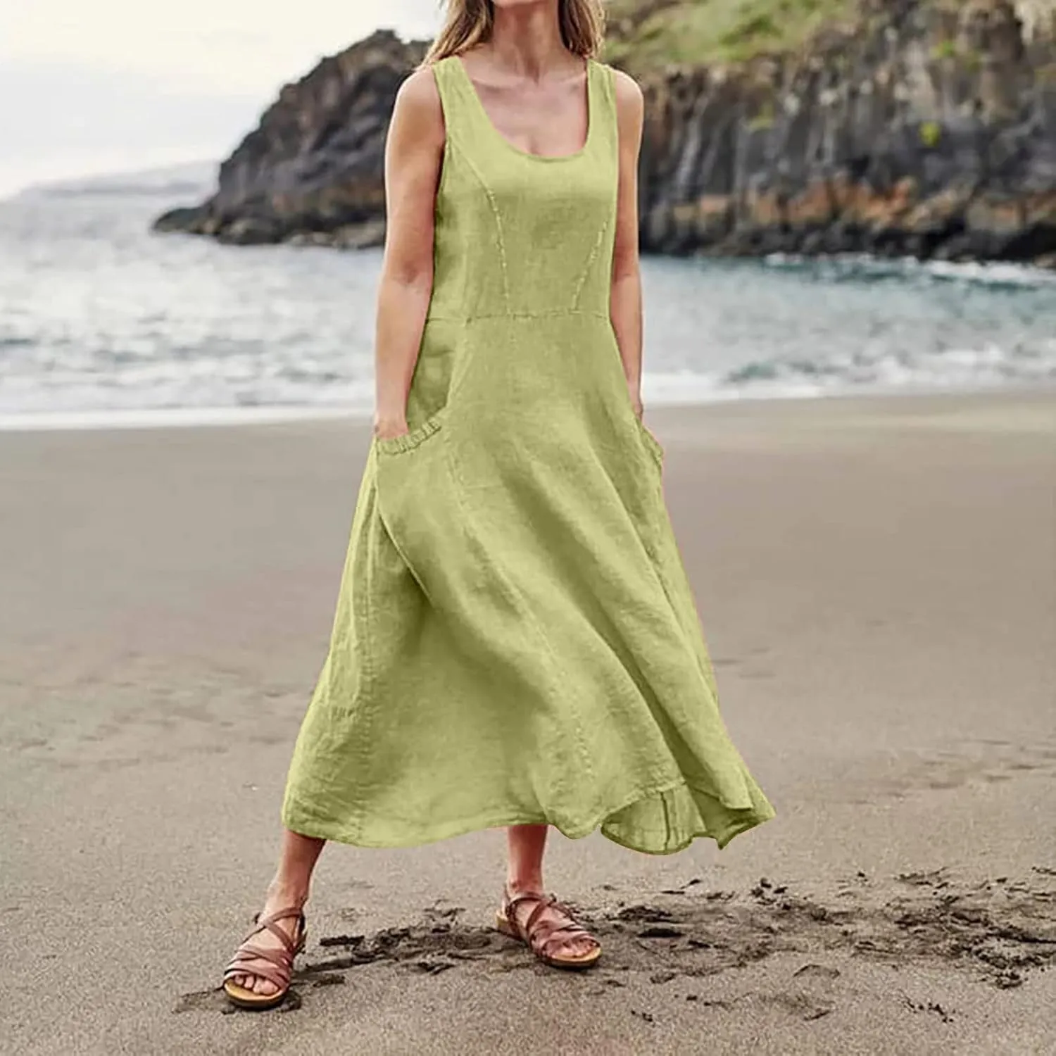 Womens Maxi Dresses Summer Casual Print Boho Cotton Linen Sundress with Pockets Loose Flowy Swing Vacation Long Dress