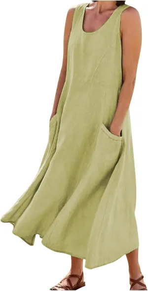 Womens Maxi Dresses Summer Casual Print Boho Cotton Linen Sundress with Pockets Loose Flowy Swing Vacation Long Dress