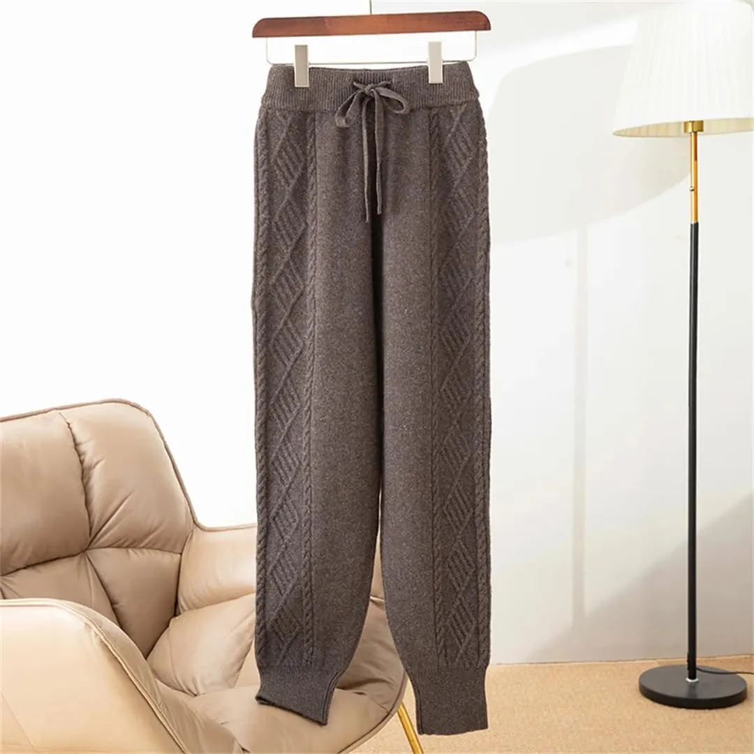 WomenS Merino Wool Knitted Harem Pants High-Waisted Elastic Waist Pleated Casual Trousers Full Length