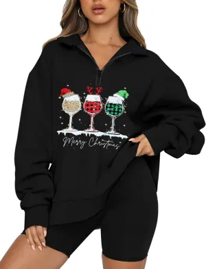 Womens Oversized Christmas Sweatshirt Half Zip Pullover Long Sleeve Quarter Zip Tops Teen Girls Fall Fashion 2024 Y2K Clothes