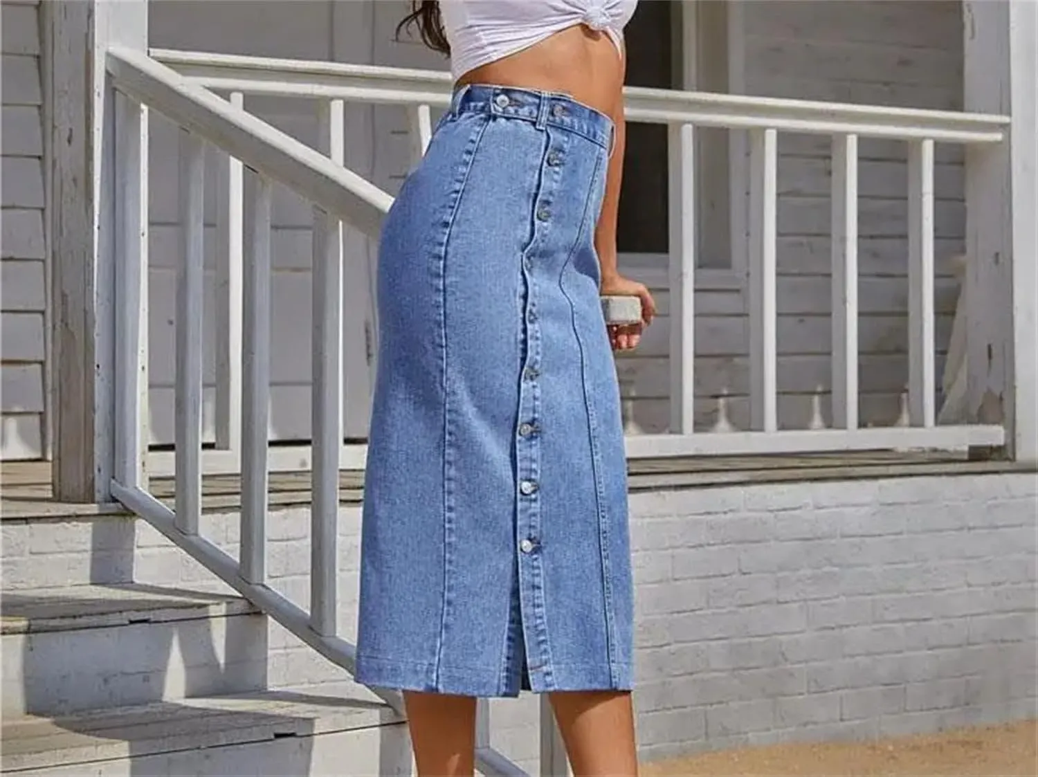 Women's Pencil Jean Skirt High Waisted A-Line Skirts Ins Button Down Side Split Hem Stretch Skirt